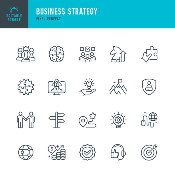 Business Strategy - line vector icon set. Pixel perfect. Editable stroke. The set includes a Strategy of Growth, Teamwork, Brainstorming, Mountain Peak, Gear, Chess Queen, Leadership, Jigsaw Piece, Personal Safety, Check Mark, Cooperation. Business Strategy - line vector icon set. 20 icons. Pixel perfect. Editable outline stroke. The set includes a Strategy of Growth, Teamwork, Brainstorming, Mountain Peak, Gear, Chess Queen, Leadership, Jigsaw Piece, Personal Safety, Check Mark, Cooperation. chess piece stock illustrations