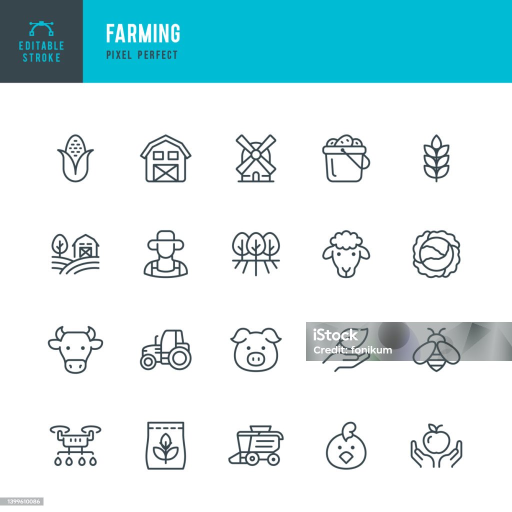 Farming - line vector icon set. Pixel perfect. Editable stroke. The set includes a Farm, Farmer, Agricultural Field, Domestic Cattle, Cow, Pig, Lamb, Chicken, Bee, Windmill, Wheat, Corn, Cabbage, Garden, Drone, Tractor, Combine Harvester, Harvesting Farming - line vector icon set. 20 icons. Pixel perfect. Editable outline stroke. The set includes a Farm, Farmer, Agricultural Field, Domestic Cattle, Cow, Pig, Lamb, Chicken, Bee, Windmill, Wheat, Corn, Cabbage, Garden, Drone, Tractor, Combine Harvester, Harvesting Icon Symbol stock vector Farming - line vector icon set. Pixel perfect. Editable stroke. The set includes a Farm, Farmer, Agricultural Field, Domestic Cattle, Cow, Pig, Lamb, Chicken, Bee, Windmill, Wheat, Corn, Cabbage, Garden, Drone, Tractor, Combine Harvester, Harvesting Farming - line vector icon set. 20 icons. Pixel perfect. Editable outline stroke. The set includes a Farm, Farmer, Agricultural Field, Domestic Cattle, Cow, Pig, Lamb, Chicken, Bee, Windmill, Wheat, Corn, Cabbage, Garden, Drone, Tractor, Combine Harvester, Harvesting Icon Symbol stock vector