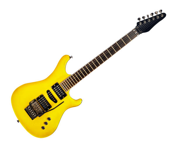 rock-e-gitarre in satter goldener farbe - elektrogitarre stock-fotos und bilder