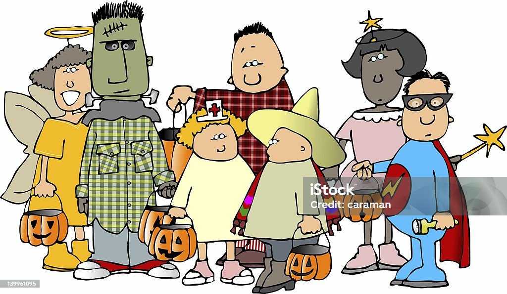 Группа детей в Хэллоуин 1 - Стоковые иллюстрации Горизонтальный роялти-фри