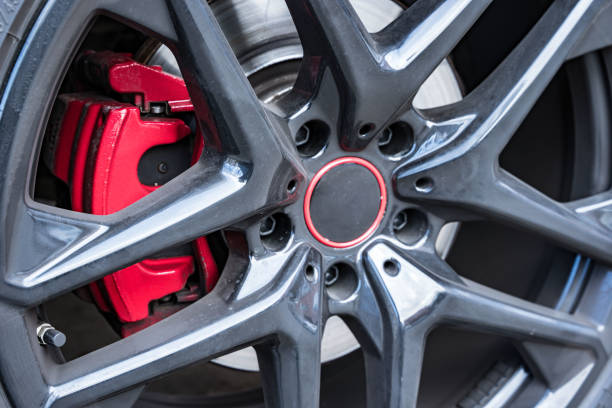istock red brake caliper wheels of a powerful car, brake disc. 1399611433