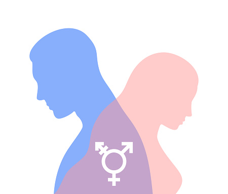 Male blue and female pink translucent silhouettes with white transgender sign in the middle
