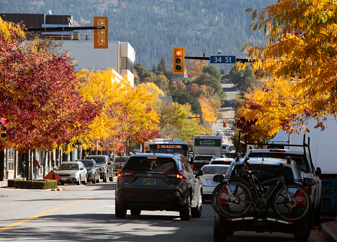 Vernon, BC,Canada- October 4,2021:  Autumn Tree lined avenue downtown Vernon BC.  Month of October.  Orange and yellow leaves. Traffic marked and moving. Transit bus in center.