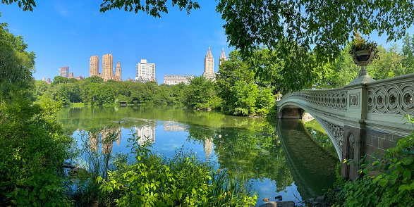 Panoramic view from Central Park. Bow bridge, lake, Upper West Side buildings.