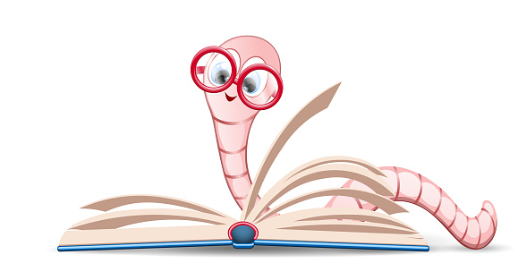 Cute cartoon Funny bookworm reading in red glasses.