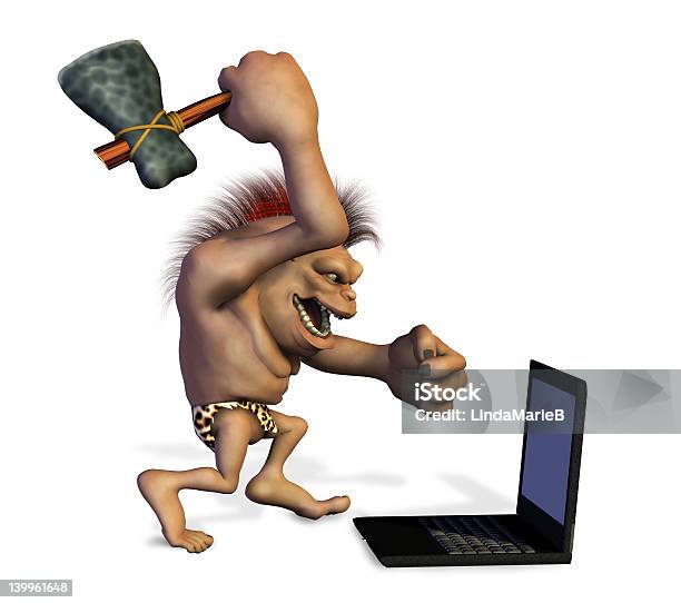 Caveman Killing A Laptop Stock Photo - Download Image Now - Technophobe, Caveman, Ancient