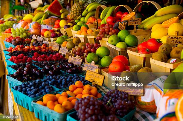 Stand With A Variety Of Fresh Fruits Stock Photo - Download Image Now - Banana, Fruit, Kiosk