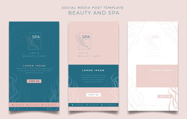 Set of social media post template in luxury green and pink background for feminine design Set of social media template in luxury green and pink background for feminine advertising design fashion and beauty background stock illustrations