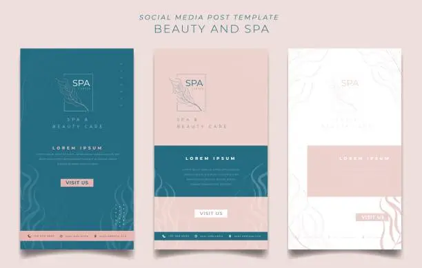 Vector illustration of Set of social media post template in luxury green and pink background for feminine design