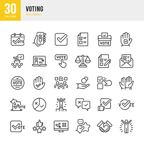 ilustrações de stock, clip art, desenhos animados e ícones de voting - thin line vector icon set. 30 icons. pixel perfect. the set contains icons: voting, election, law, hand raised, voting ballot, choice, campaign button, charitable donation, electronic voting, check mark, calendar date, questionnaire, mail voting. - voting usa button politics