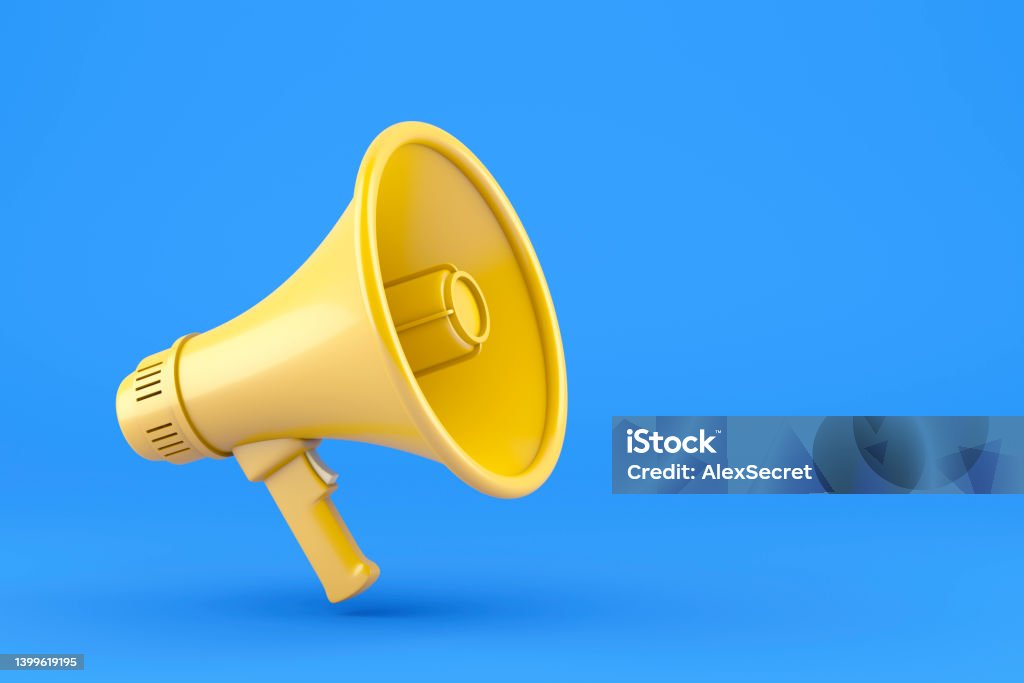 Single yellow electric megaphone with a handle stands on a blue background 3D illustration Megaphone Stock Photo