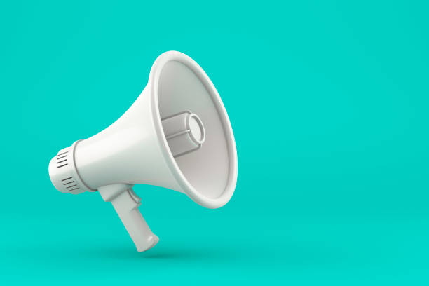 istock Single white electric megaphone with a handle stands on a green background 1399619202