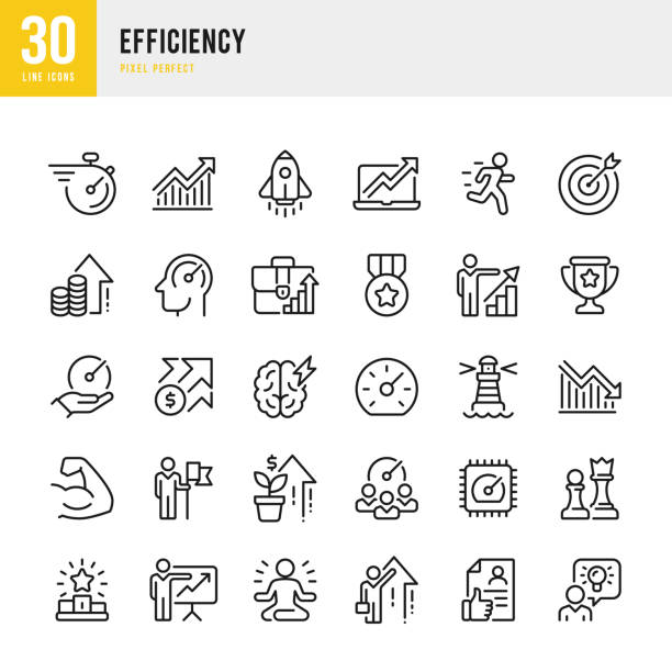 ilustraciones, imágenes clip art, dibujos animados e iconos de stock de eficiencia: conjunto de iconos vectoriales de línea delgada. 30 iconos. píxel perfecto. el conjunto contiene iconos: crecimiento personal, lluvia de ideas, habilidad, cohete, velocímetro, crecimiento de la riqueza, ejercicio de relajación, cronómetro, - target arrow bulls eye skill