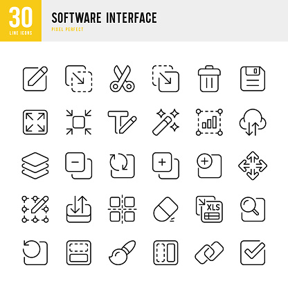 Software Interface - thin line vector icon set. 30 icons. Pixel perfect. The set contains icons: Work Tool, Paintbrush, Magnifying Glass, Floppy Disk, Eraser, Scissors, Garbage Can, Frame, Magic Wand, Typescript, Zoom In, Zoom Out, Downloading.