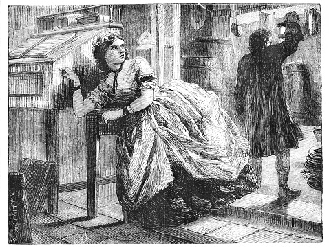 A woman runs away from danger. A man shines a lantern, looking for the intruder. Wood Block Engravings published in 1860.  Source: Original edition is from my own archives. Copyright has expired and is in Public Domain.