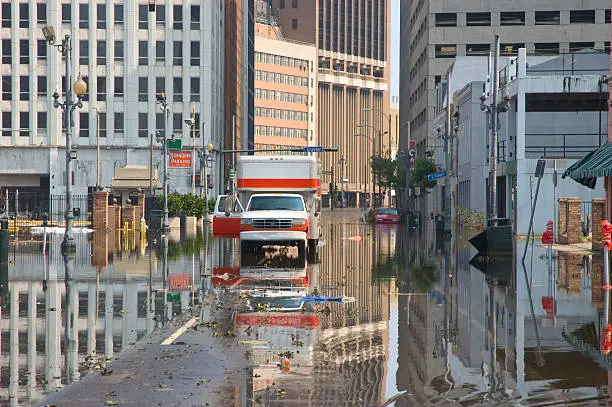 An abandonded truck sits on one of the less flooded steets in downtown New Orleans after Hurricane Katrina.