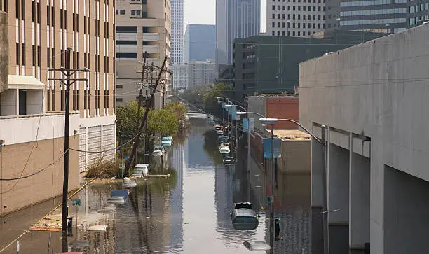 Cars and trucks sit submerged in New Orleans after Hurricane Katrina.