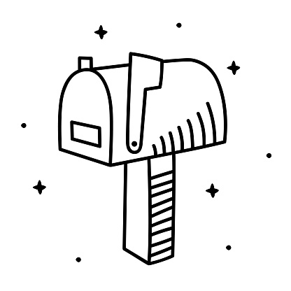 Vector illustration of a hand drawn black and white mailbox against a white background.