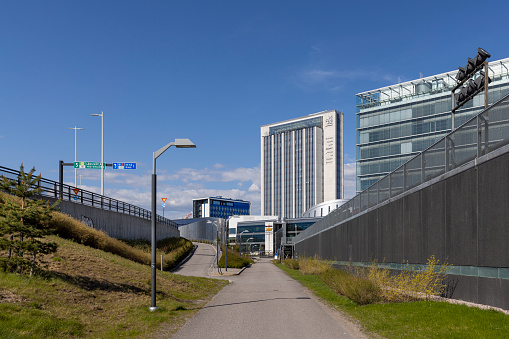 Espoo, Finland - May 23rd 2022: Keilalahti business park in Espoo, Finland, has many stock listed companies headquarters in waterfront offices.