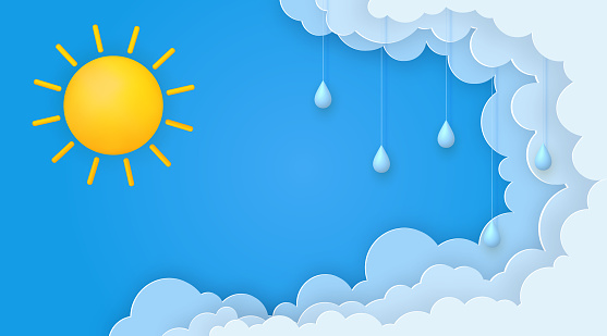 Cute summer banner with sun, paper clouds and 3d raindrops on blue sky background. Vector illustration.