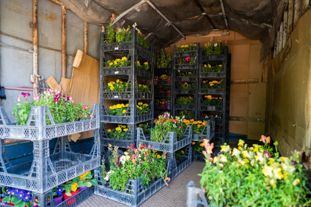Florist truck waiting in front of the flower shop for distribution