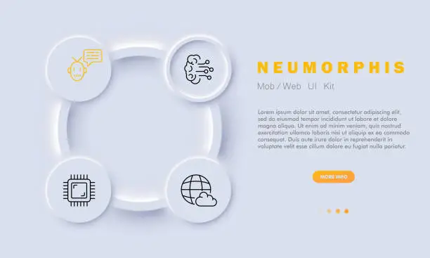 Vector illustration of IT set icon. Virtualization, cloud storage, processor, robot, neurosystems, artificial intelligence, robot. Configuration concept. Neomorphism style. Vector line icon for Business and Advertising