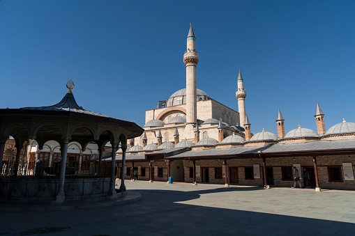 Courtyard of the Al Haram or Al-Masjid an-Nabawi mosque in Medina Saudi Arabia on a sunny day. It was the second mosque built by Muhammad in Medina and is now one of the largest mosques in the world.