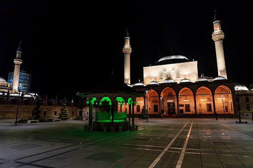 Konya, Turkey, May 12, 2022: Selimiye Mosque and Mevlana Museum in Konya, Turkey at night.