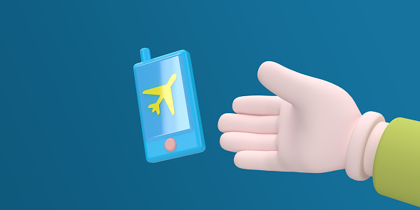 3D rendered cartoon hand reaching for mobile smart phone device with airplane symbol. Travel App Technology concept on blue background with copy space. Holiday, tourist, shopping, reservation screen web banner, application advertisement.