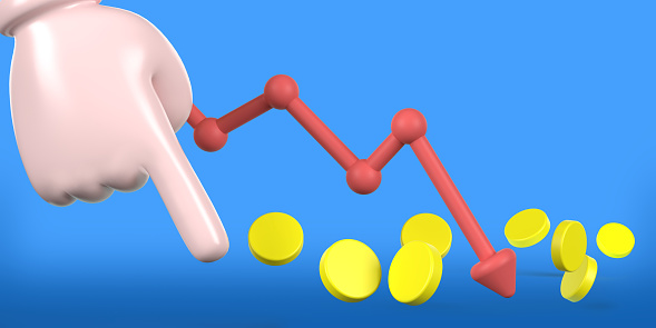 3D rendered cartoon hand finger pointing down. Financial concept background with copy space. Red arrow falling graph on stock exchange and cryptocurrency markets.