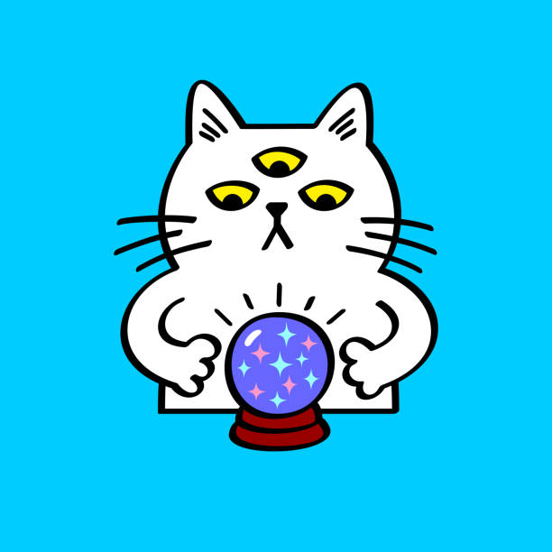 White cat with glowing crystal ball Line vector icon. Vector EPS 10, HD JPEG 4000 x 4000 px simple cat line art stock illustrations