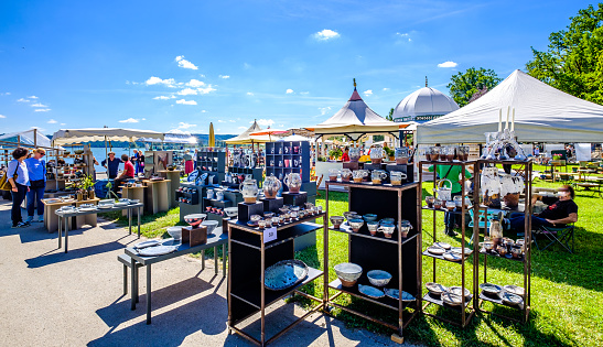 Diessen, Germany - May 27: sales stands with ceramics at the famous annual pottery market in Diessen on May 27, 2022