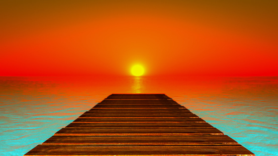a boardwalk towards the sunset(3d rendering)