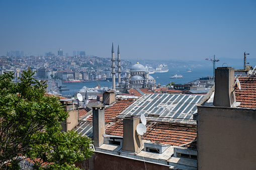 Historical Ortakoy(Mecidiye) mosque and Bosphorus view.People watching the sea.İstanbul,Turkey.20 May 2021