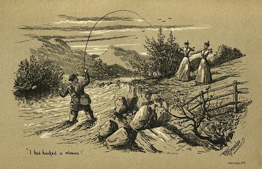 Vintage illustration, Man fishing a river, catching a woman with his line, Victorian sports, 1890s, 19th Century. From My largest fish, on the word of an angler by C Parkinson