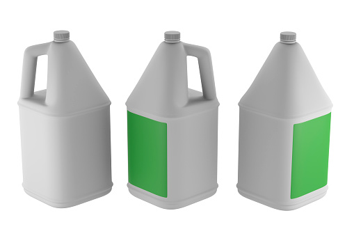 Set with white plastic gallons jug isolated on background. Round Handled Bottle 4L or 1 Gallon. 3D render