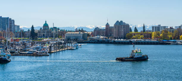 victoria inner harbour. prédios históricos no fundo sobre o céu azul. - porto de victoria - fotografias e filmes do acervo