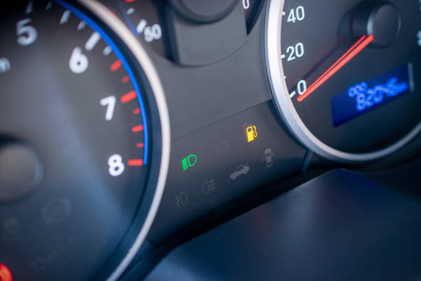 istock Fuel car gauge empty. Petrol tank meter car indicator on dashboard. Low gasoline level. Empty fuel gas gauge. 1399636014