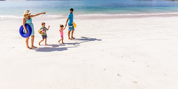 Panoramic view of happy family walking in summer day on the beach while pregnant mother is aiming at distance. Copy space.