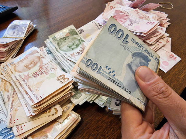 Turkish Lira banknotes isolated on white background stock photo