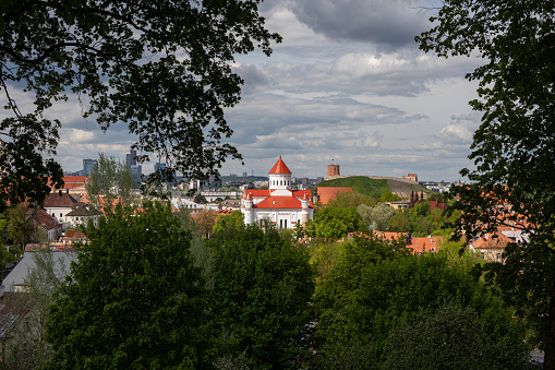 Vilnius, Lithuania - May 22, 2022: Vilnius cityscape with Orthodox Cathedral of the Dormition of the Theotokos and Gediminas Castle in the distance.