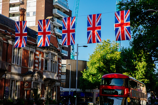 London, UK. 10th May 2022. Union Jack flags on Oxford Street for the Queen's Platinum Jubilee, marking the 70th anniversary of the Queen's accession to the throne.