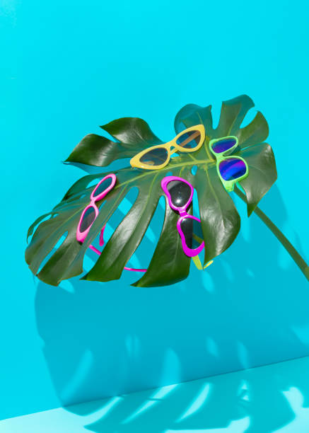 istock Colorful sunglasses on the fresh monstera leaf with sunlight shadow against blue background. Creative summer vacation fun concept. Trendy sunbathing abstract idea. Minimal fashion sun protecting idea. 1399639091