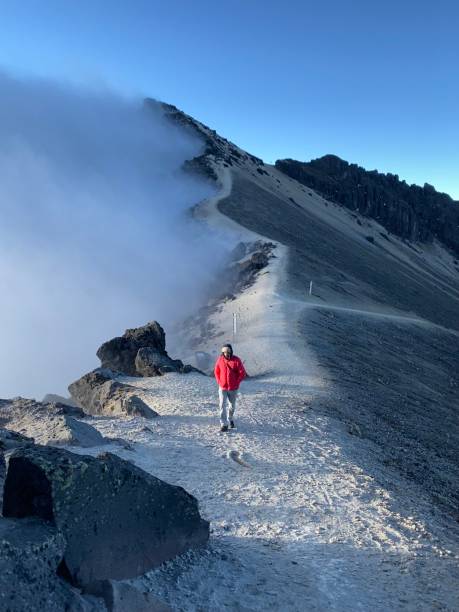 joven y guapo mochilero latino haciendo senderismo y disfrutando de su tiempo de vacaciones caminando y caminando en las tierras altas de la sierra, frente a pichincha, cayambe, los volcanes de cotopaxi con un cielo azul en un mediodía cerca de quito, ecu - glacier bay national park fotografías e imágenes de stock