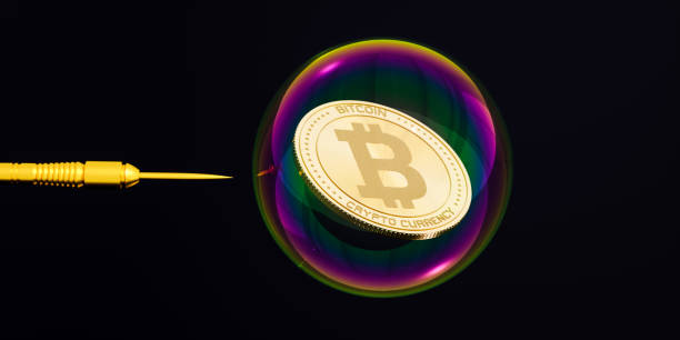 Concept of Bitcoin Bubble and Speculation. Risks and Dangers of Investing to Bitcoin. Financial Bubble. stock photo