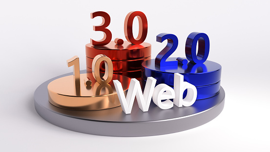 Web 3.0 text on round podium with Web 1.0 and 2.0. Metaverse and blockchain 3d illustration with white background