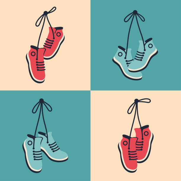 illustrations, cliparts, dessins animés et icônes de baskets suspendues dans un style rétro. paire de chaussures avec des lacets noués pendants sur une ficelle. illustration vectorielle plate pour bannière, affiche, pochette - rope way