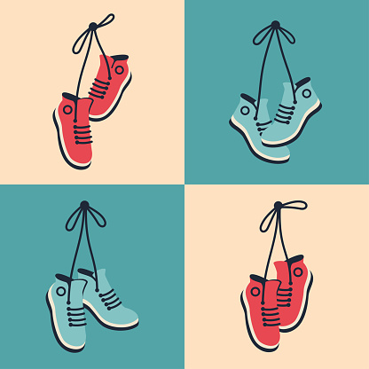 Sneakers hanging in retro style. Pair of shoes with tied laces dangling on a string. Vector flat illustration for banner, poster, cover art