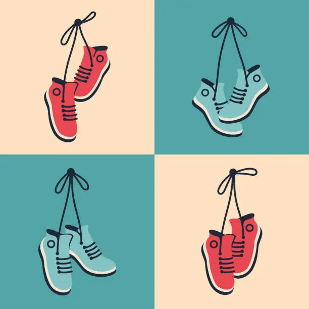 Vector illustration of Sneakers hanging in retro style. Pair of shoes with tied laces dangling on a string. Vector flat illustration for banner, poster, cover art