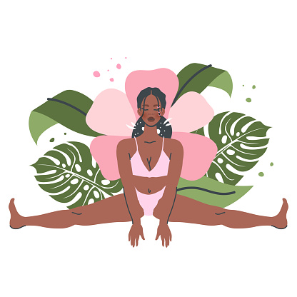 Beautiful yoga woman isolated on nature background. Young black girl in Yoga pose stretches. Meditation and breathing practice. Vector flat cartoon illustration for healthy lifestyle, sport